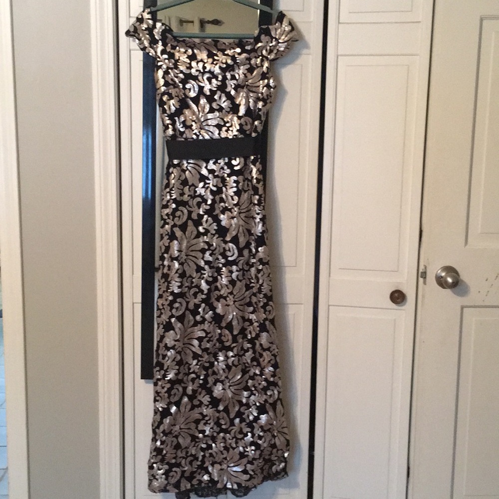 Betsy & Adam gold sequin and black formal dress